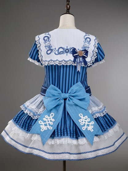 Striped Low Waist Sailor Dress with Blue Embroidery - Twin Bear Original Design