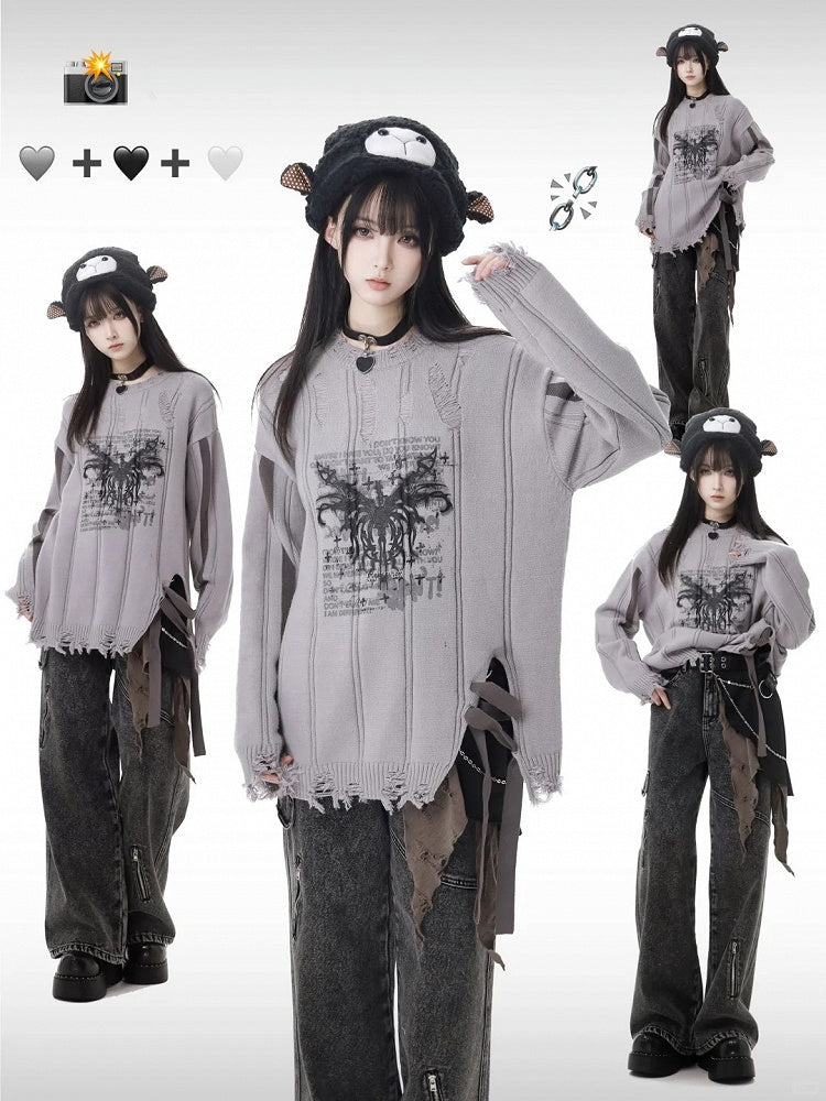 Grauer Pullover mit Distressed-Besatz