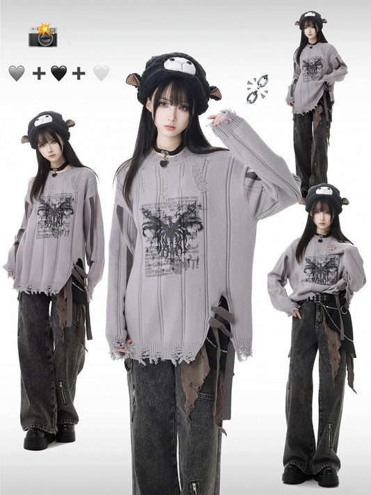 Grey Distress Trim Detail Sweater