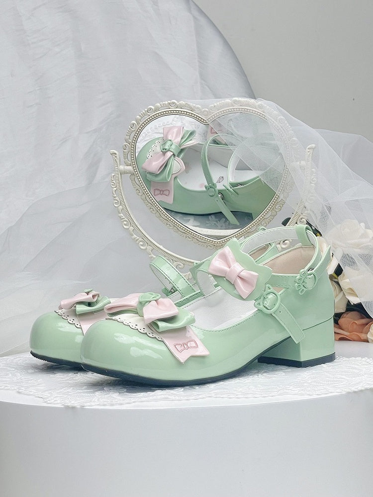 Green Bowknot Kitty-shaped Buckle Strap Block Heels Lolita Mary Janes
