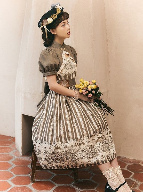 Skirt Classic Brown Long Jumper Print and Clock Lolita Floral Version