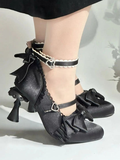 Heel Sculpted Mary Heart with Ruffle Trim Satin Lolita - Black Janes Crystal Elegant Closure
