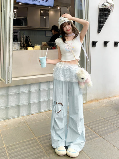 Blue/Pink Heart-shaped Cutout Wide-leg Pants Drawstring Waist