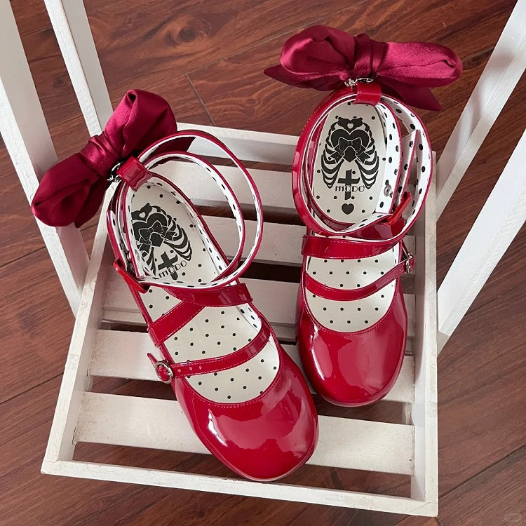 Accent Bow Crisscross Heels Mid Red Design Sweet Toe Round - Lolita
