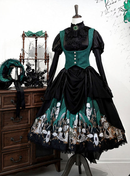 Green Skeleton Cross Gothic Lace Dress - NnSTAR