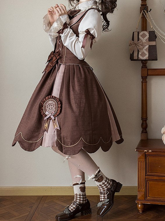 Scoop Scalloped with Dress Chocolate Lolita Edge Sweet Hem Neckline Brown