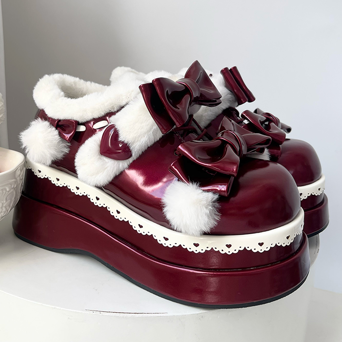 Lolita Wine Red Cute Heart Bow Platform Shoes with Pompons
