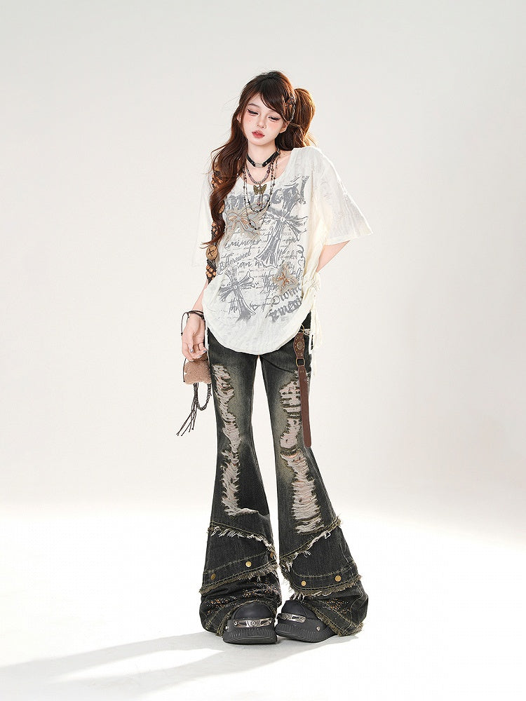 バタフライアップリケ クロスプリント ダメージ加工 穴あき