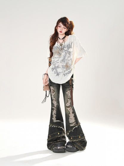 バタフライアップリケ クロスプリント ダメージ加工 穴あき