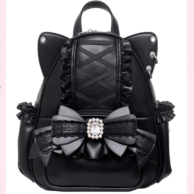 Black Kei Cat Ear Backpack With Beaded and Rhinestone Bow Jirai