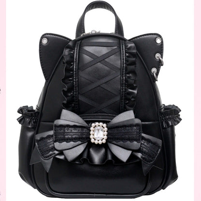 Black Kei Cat Ear Backpack With Beaded and Rhinestone Bow Jirai