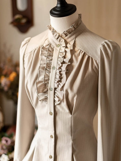 Long Elegant Striped Ruffle Sleeves with Details Shirt