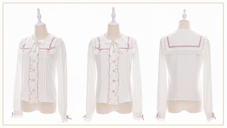 Beaded Collar Long Lace Shaped Pink Kei Sleeve and Heart Square Buttons Jirai with Blouse: