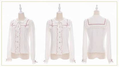 Beaded Collar Long Lace Shaped Pink Kei Sleeve and Heart Square Buttons Jirai with Blouse: