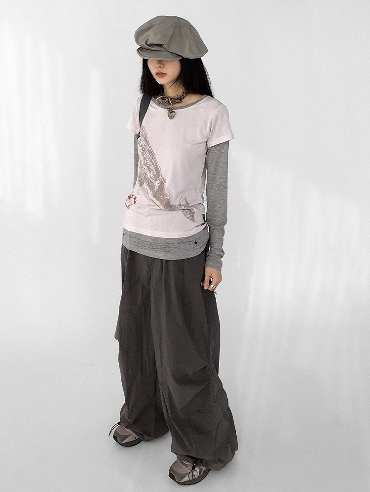 Top Pattern Grey Print Whale - Long Neck Two-piece Sleeve Pink Star Round