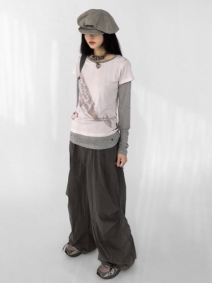 Top Pattern Grey Print Whale - Long Neck Two-piece Sleeve Pink Star Round