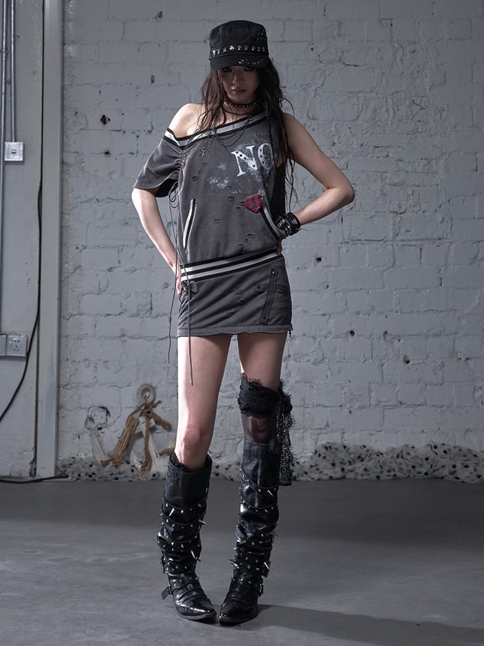 Asymmetrischer Ausschnitt Grau/Weiß Wasteland Punk Distressed Kleid