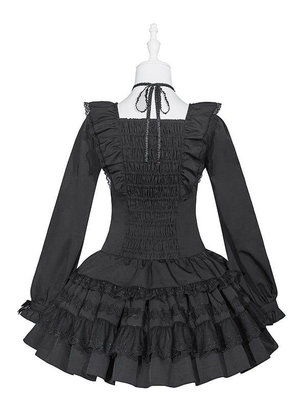 Jirai Kei Pure Black Halter-Neck Tiered Ruffle Dress with Bow Accents & Long Sleeves - Puppet Bombs