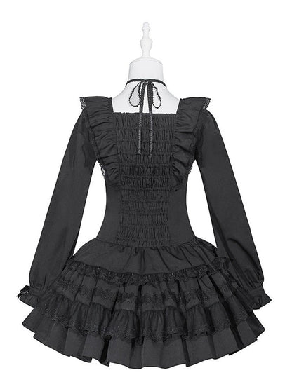 Jirai Kei Pure Black Halter-Neck Tiered Ruffle Dress with Bow Accents & Long Sleeves - Puppet Bombs