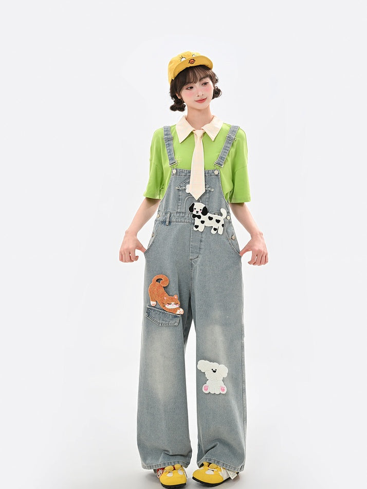 ライトブルーのハイウエストの愛らしい動物のアップリケデニムオーバーオール