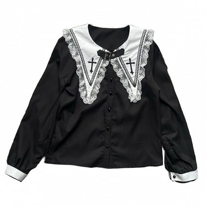 Embroidered Top Cross with Sleeve Collar Black Long Gothic Pointed Flat