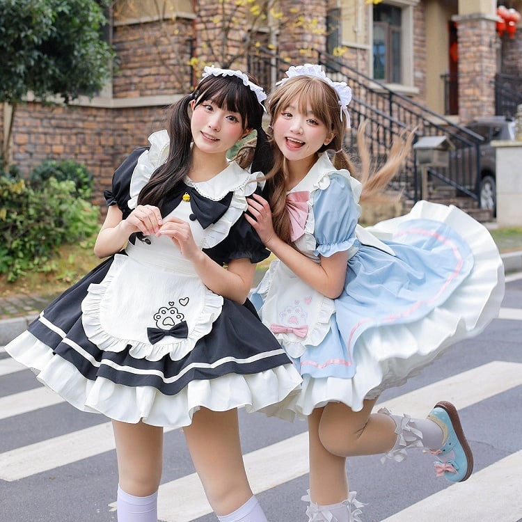 Schürze Lolita Sweet Kitty White Maid Stickerei Pfote Schwarz und Kleid
