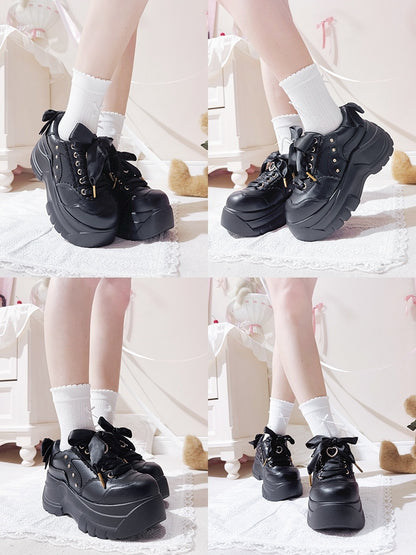 - Kei Lace-Up Shoes Heart Details Black Platform Trim Jirai with Beaded Bow Lace Design Rhinestone