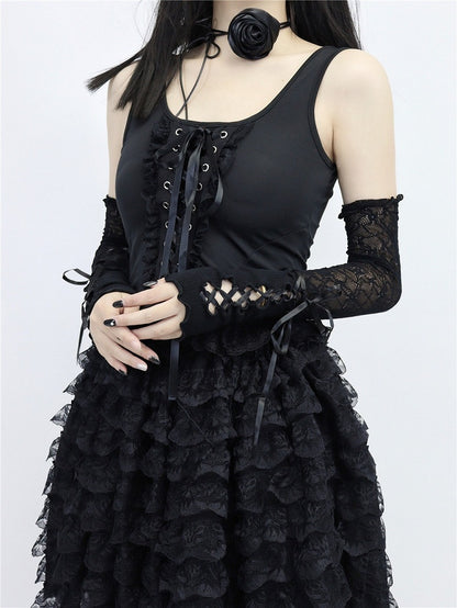 with Lace Style Sleeves Black/White Lolita Ballet Lace-up Design Arm