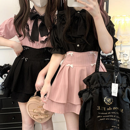 カットアウトショルダーレーストリムブラウスタイ（リボン付き） ジライケイ ブラック/レッド/ピンク/ホワイト