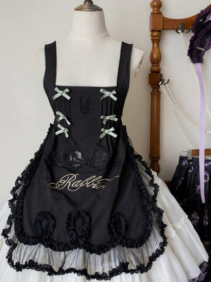 Black Square Neckline with Apron Embroidery Details Lolita