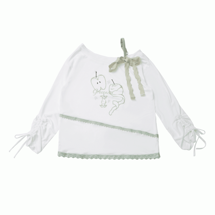 Green Apple Print Drawstring Cuffs White Asymmetrical Neckline Coverup
