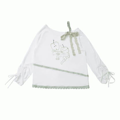Green Apple Print Drawstring Cuffs White Asymmetrical Neckline Coverup