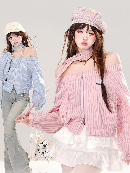 Pink/Blue Off-the-shoulder Neckline Striped Zip Closure Top with Free Scarf