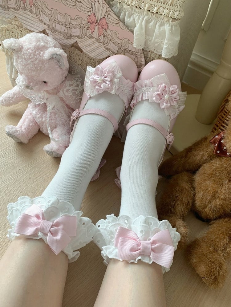 Lace-Trimmed White Ankle Socks with Bows, 4 Shades - ROJI ROJI