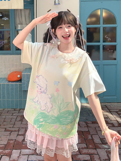 T-Shirt Hellgrün Rundhals Graffiti Lamm Print Lose