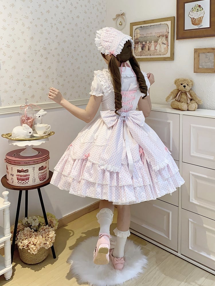 Lolita Jumper School White Pattern Pink Skirt Dress Polka Dots Old Stripes and