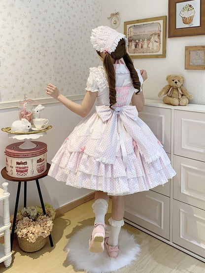 Lolita Jumper School White Pattern Pink Skirt Dress Polka Dots Old Stripes and