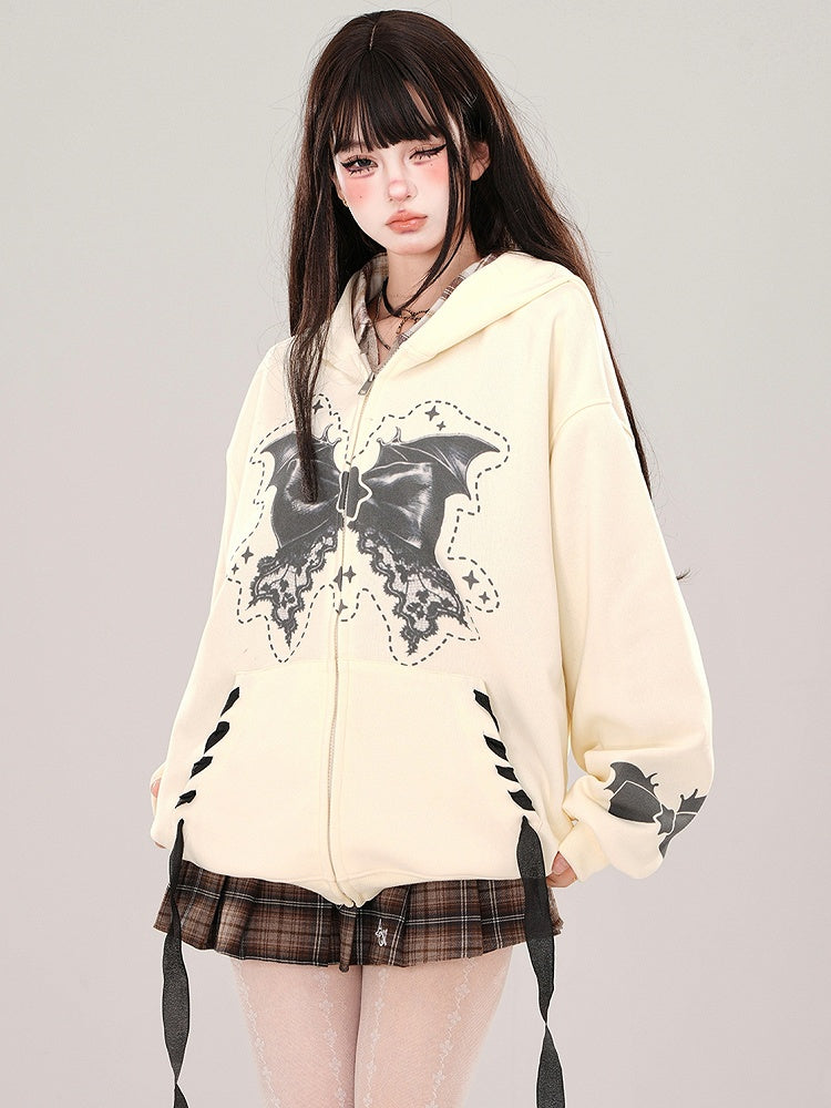 Apricot/Pink Bat Wings Bow Print Zip Hoodie