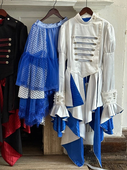 White & Blue Military Lolita Knight Top + Irregular Layered Skirt + Ribbon Set - THE 400BLOWS