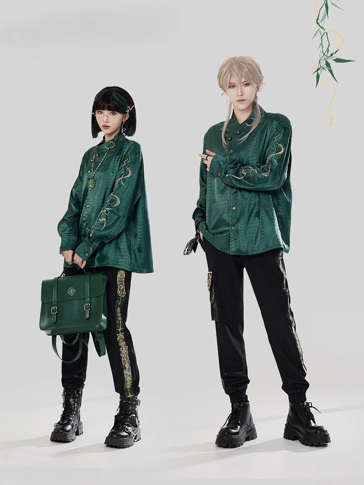 Jacquard Chinese Unisex Snakeskin Shirt Embroidery Style Green with