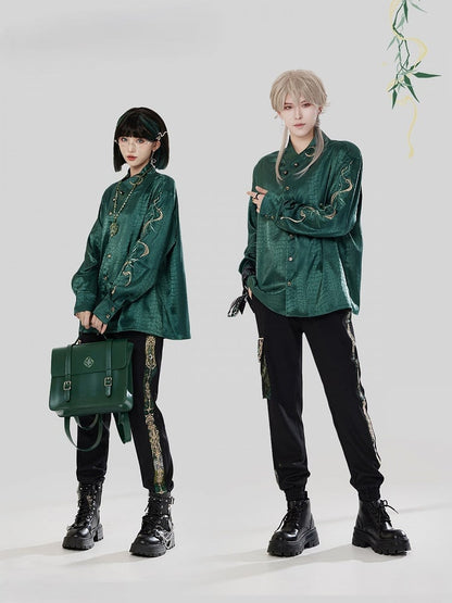 Jacquard Chinese Unisex Snakeskin Shirt Embroidery Style Green with