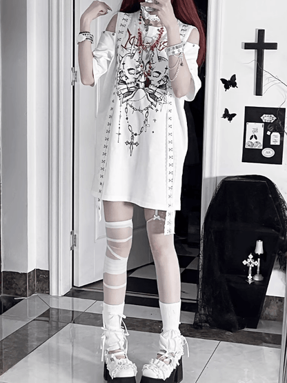 T-Shirt Weiß Cutout Schulter Design Punk Emo