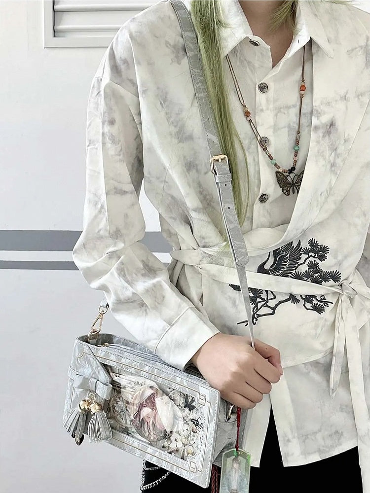 Floral Bag Silver Pattern Accent Style Bow PU Ita With Fringe Cheongsam