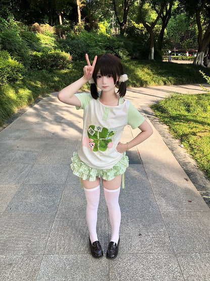 Print with Clover Wide White Sweet Colorblock Green T-shirt and Lucky Neckline