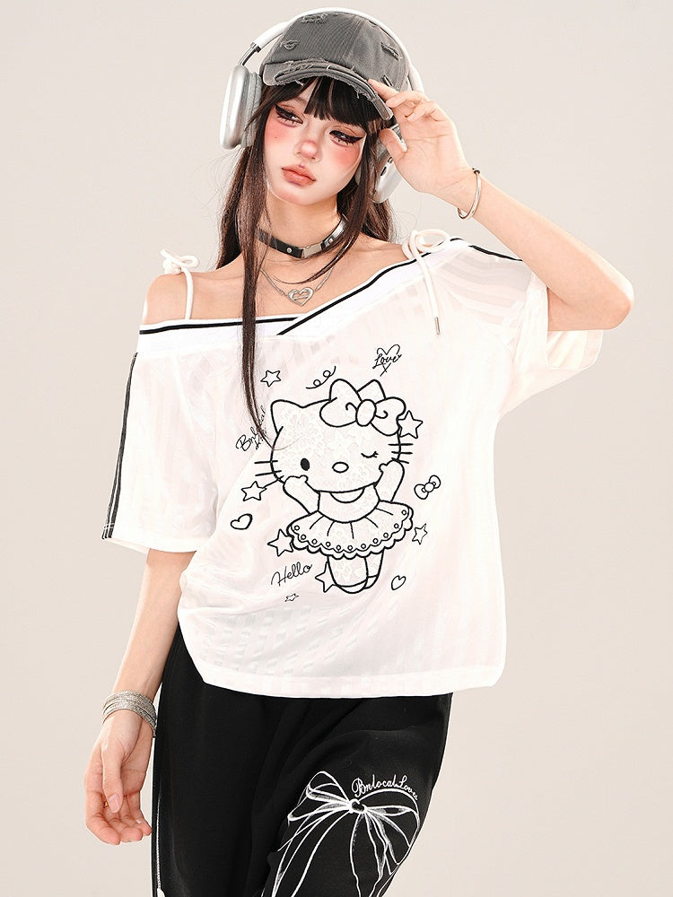 Schwarz/weißes Top mit schulterfreiem Ausschnitt und Kätzchen-Print