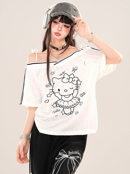 Schwarz/weißes Top mit schulterfreiem Ausschnitt und Kätzchen-Print