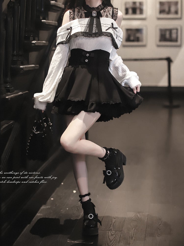 Design Double-Layer Waist Jirai Skirt: Black Kei Style with Bows Rhinestone-Embellished