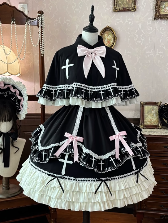 Short Sleeve Peter Pan Collar Lolita OP with Cross & Bow Accents in Black & Pink - MUYU