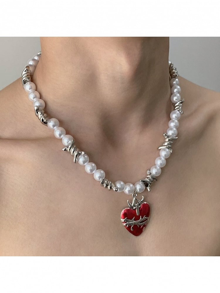 White & Red Y2K Heart Pendant with Pearl Charm - YSHXS