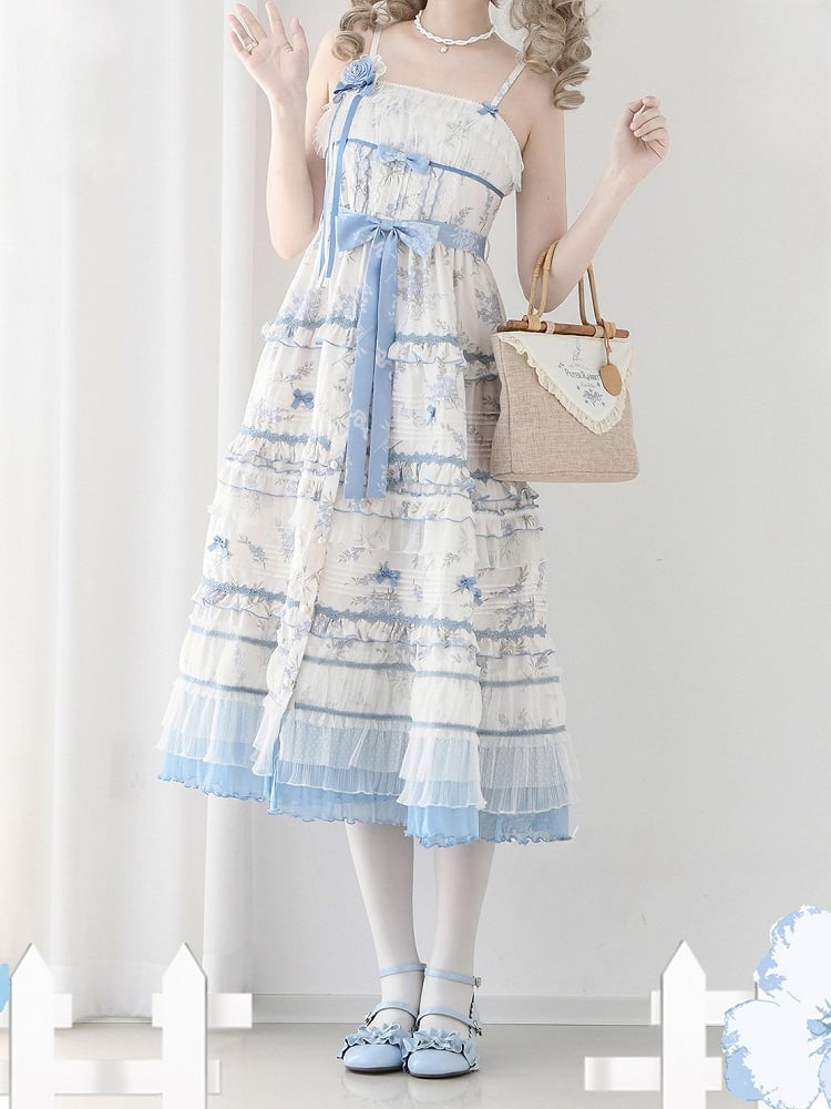 Floral Layered Ruffles Long Elegant Lolita White Version Print Dress Blue Classic